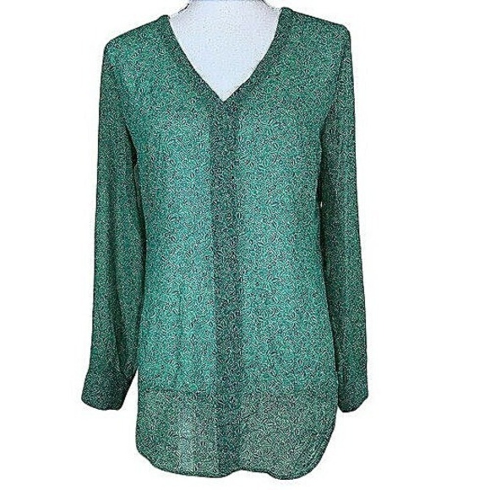 Green Print V Neck Long Sleeve Semi Sheer Casual Blouse Top Cabi size Small